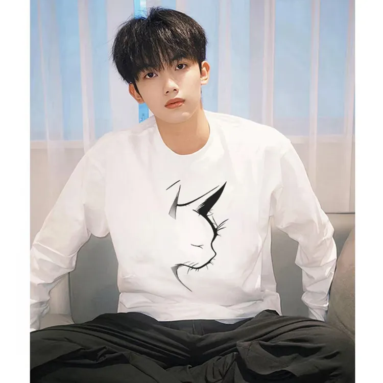 美式创意线条猫咪印花长袖T恤男秋季ins潮牌宽松百搭情侣纯棉上衣