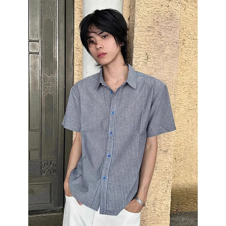 青花扣亚麻条纹短袖衬衫男夏季复古老钱风衬衣高级感cleanfit外套
