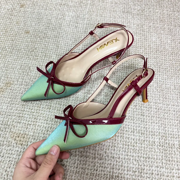 2025新款浅口尖头法式拼接绸缎细跟高跟鞋气质不累脚时尚单鞋女