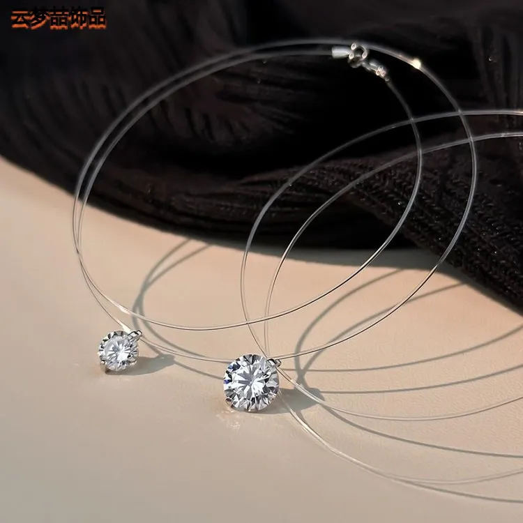 铜锆石项链 新款爆款人鱼之泪透明鱼线隐形超闪锆石项链女锁骨链