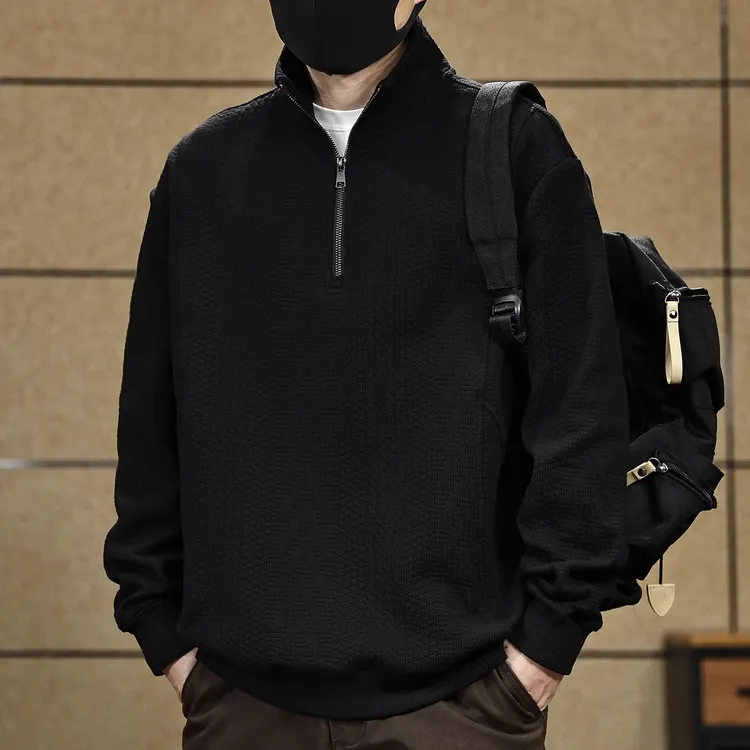 复古半拉链套头卫衣男士秋冬季新款肌理感纯色潮牌宽松休闲上衣男