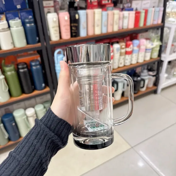 卧龙双层高硼硅玻璃杯男士大容量高级办公室茶水分离泡茶杯办公杯