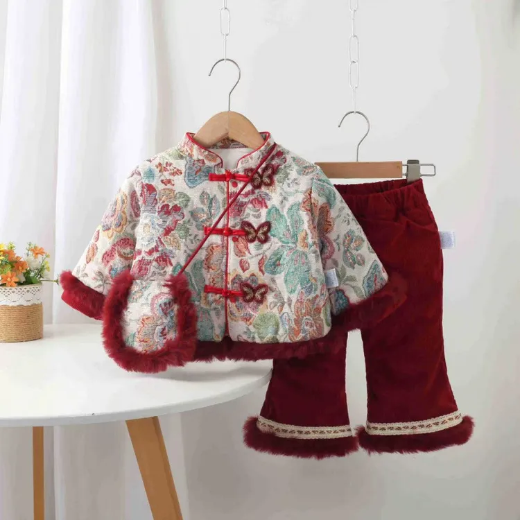 【沫沫家】女童汉服过年拜年服冬唐装蝴蝶盘扣棉套装中国风外出服
