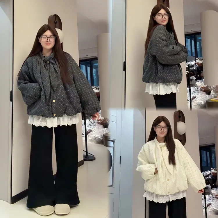 新款韩系大码甜美风波点棉服外套叠穿花边打底衫微喇裤氛围穿搭