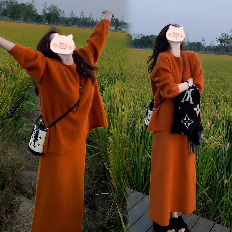 秋冬新款韩系高级感洋气百搭网红气质简约毛衣高腰半身裙两件套女