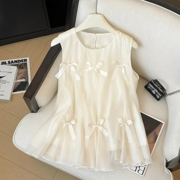 高级法式蝴蝶结雪纺网纱无袖衬衫女夏别致绝美气质背心娃娃衫上衣