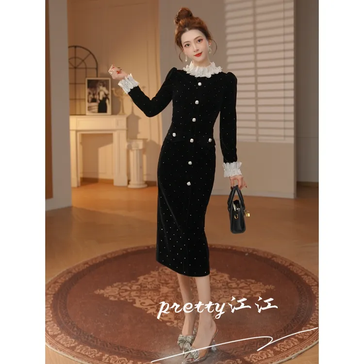 Pretty小众设计师品牌江江定制 修身显瘦优雅包臀气质连衣裙22005
