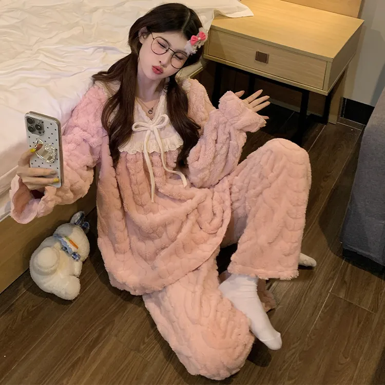 加绒加厚珊瑚绒睡衣女款冬季甜美2025新款女士法兰绒秋冬款家居服
