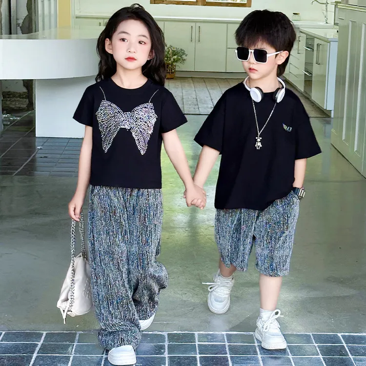 男女童夏套装洋气时髦姐弟装儿童运动短袖长裤兄妹装新款潮酷帅气