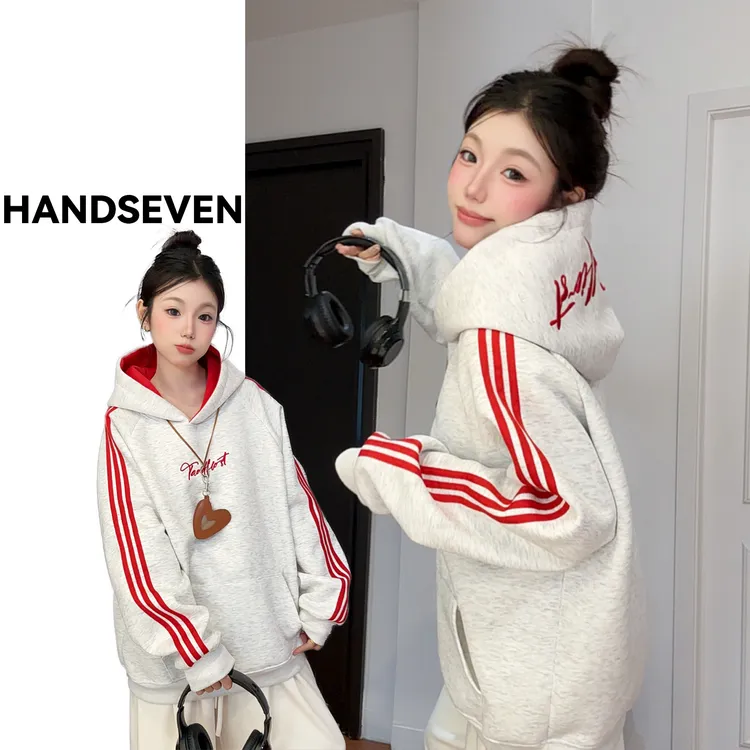 HandSeven美式撞色三条杠重磅卫衣加绒连帽卫衣外套宽松百搭上衣