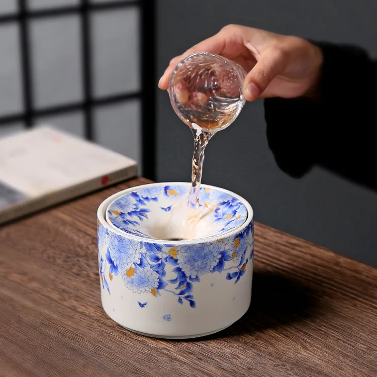 洗废水桶兼烟灰缸青花瓷烟灰缸带盖防风防飞灰满印花家用复古烟缸