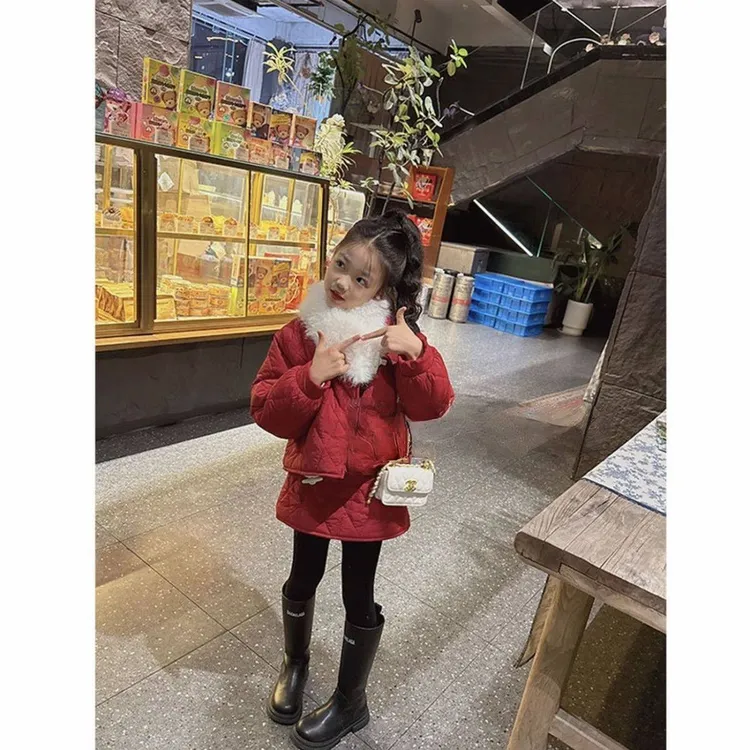 女童气质千金风红色棉服套装秋冬季2025款儿童加绒棉衣半裙两件套
