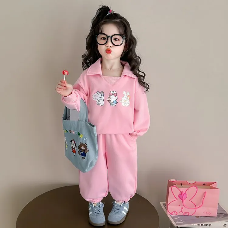 女童长袖翻领套装2025新款春秋款复合纯色卫衣宽松爆款休闲两件套