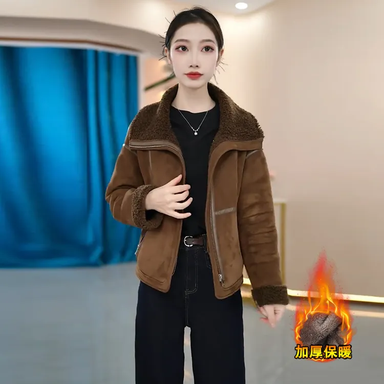 时尚短外套女2025冬季新款宽松显瘦百搭加绒加厚保暖麂皮绒夹克