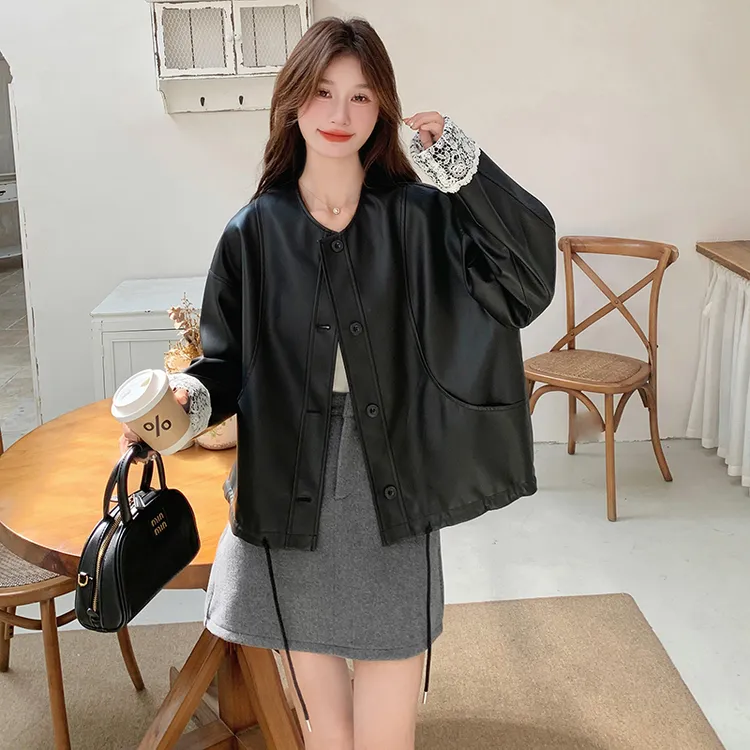 蕾丝拼接黑色皮衣外套女2025年秋季新款高级感圆领pu皮夹克小个子