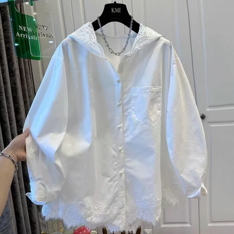  欧洲站拼接连帽花边下摆长袖蕾丝衬衫女衬衣洋气宽松早秋2025