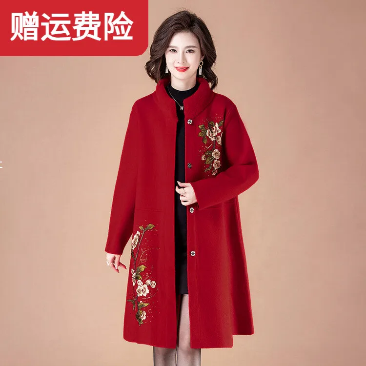 妈妈秋冬装双面毛呢外套中老中老年妈妈加肥加大码套装