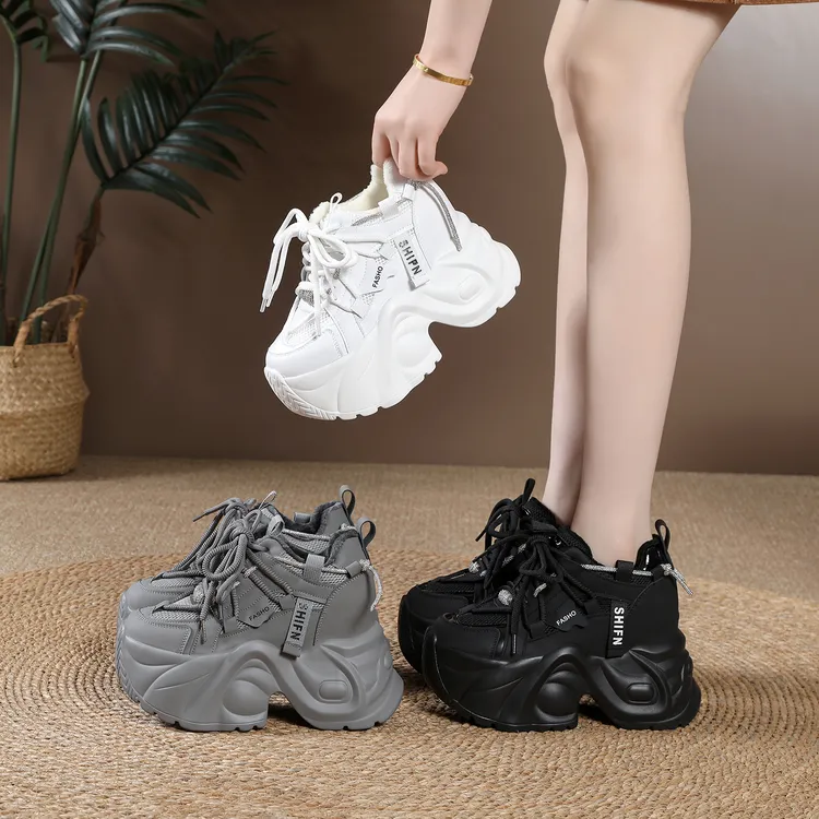 【跟高10、12CM】超高跟厚底内增高小白鞋女款百搭款秋冬休闲老爹鞋