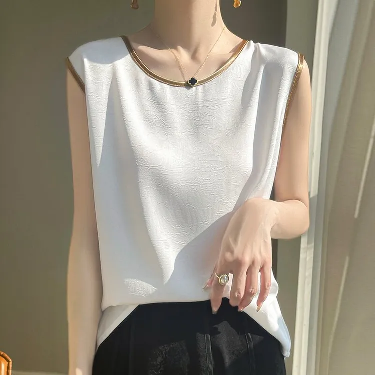 夏季新款圆领醋酸吊带背心女内搭西装拼色宽松无袖打底衫缎面上衣