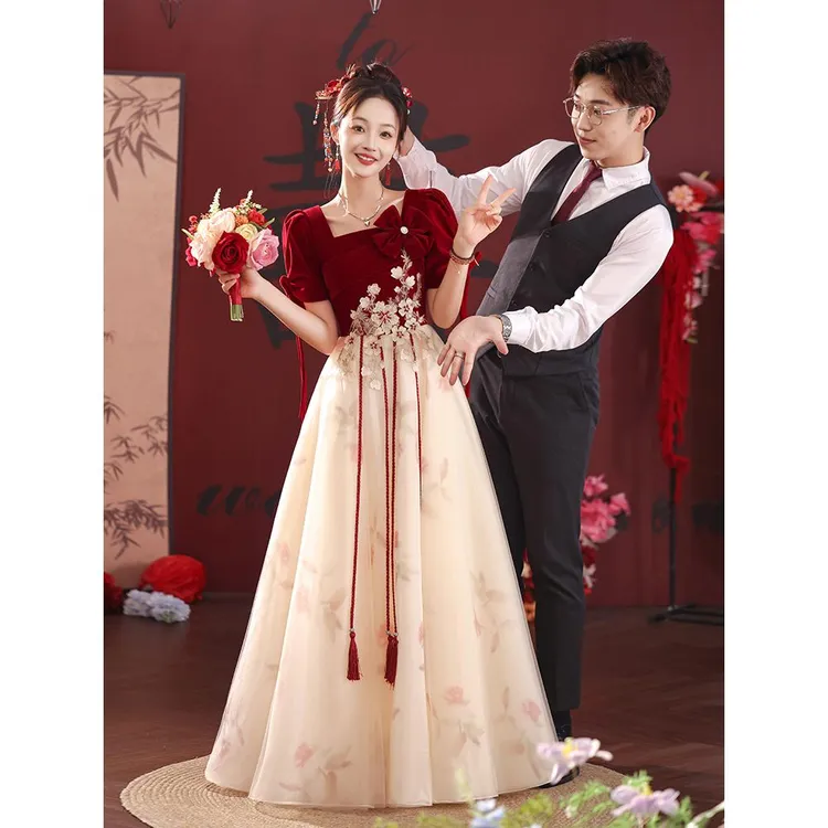 大码敬酒服女新娘中国风订婚礼服连衣裙2025新款胖mm香槟色回门服