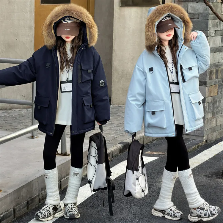 女童派克棉服2025新款中大儿童冬季加绒加厚连帽中长款外套棉袄装