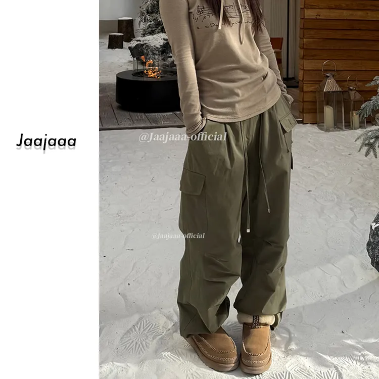 Jaajaaa香川松子 冬季小众百搭设计工装显瘦直筒休闲松紧裤/HACB