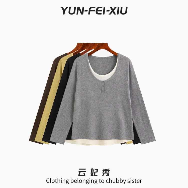 云妃秀大码女装针织衫时尚胖妹妹显瘦宽松百搭圆领上衣秋季23139