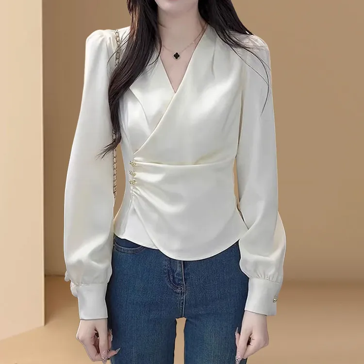 法式v领缎面衬衫女士2025春秋新款轻奢高级感收腰显瘦设计感上衣