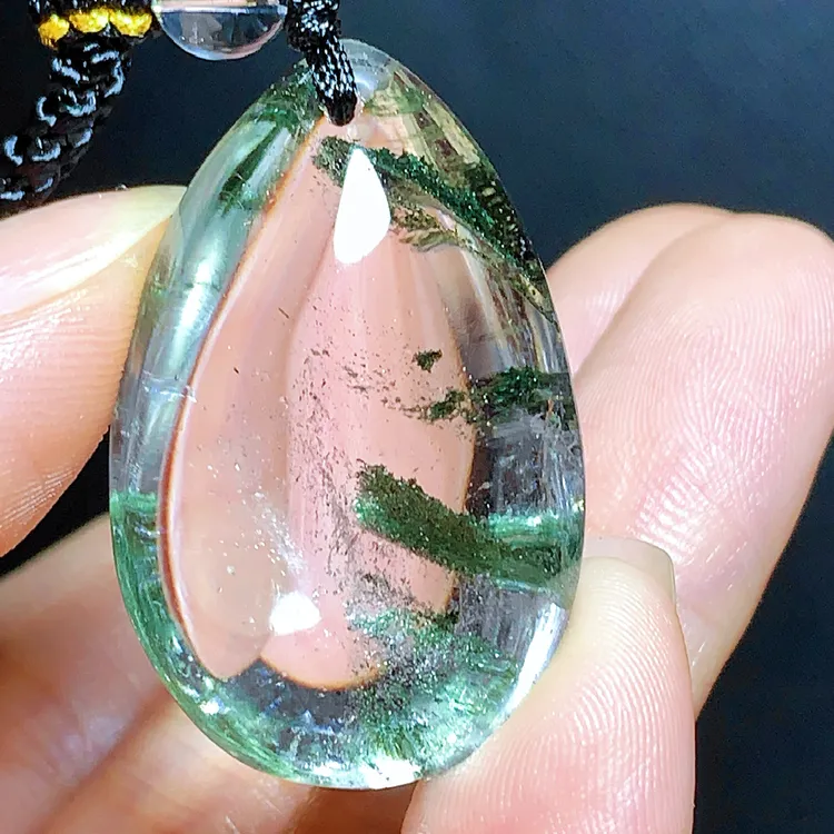 东海水晶天然绿幽灵水晶吊坠毛衣链水滴项坠男女款聚宝盆真品饰品