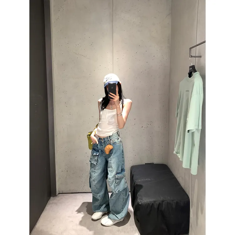 区区欧阳 弯刀牛仔工装裤女夏季美式复古阔腿裤宽松直筒拖地裤子