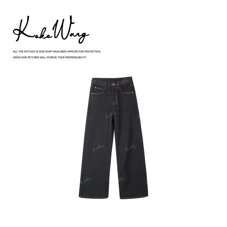KOKO WANG秋冬美式复古洗水明线加绒加厚直筒牛仔裤 N7045L02K02
