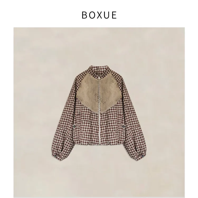 BOXUE“慢叙”2025秋冬水貂毛皮90鹅绒服红格轻奢外套#251001YR5416