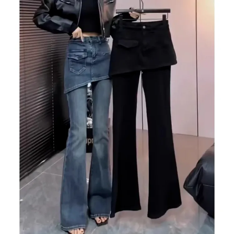 假两件微喇牛仔裤女2025年秋季新款胖mm大码显瘦弹力马蹄喇叭裤