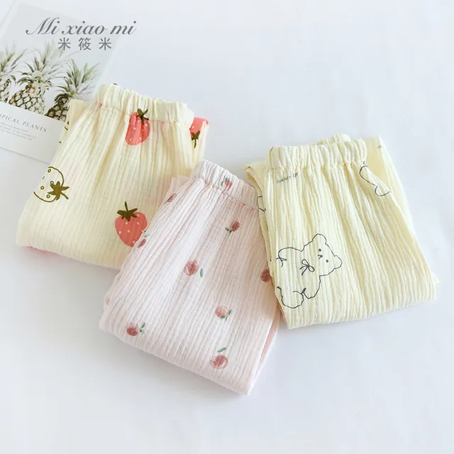 米筱米儿童春夏薄棉纱布睡裤女童清新小碎花泡泡棉纱亲子防蚊裤