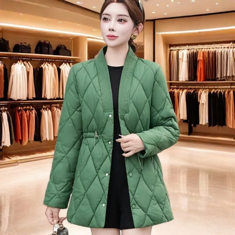 2025秋冬新款中长款立领轻奢气质显瘦菱形格棉服中老年女式棉袄