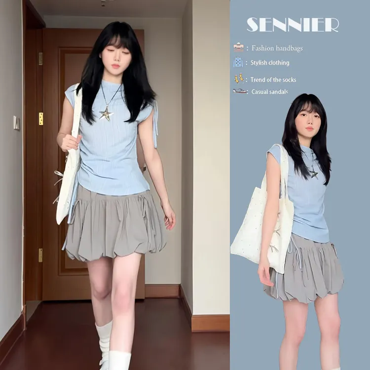 时尚穿搭女2025夏季新款设计感半高领修身短袖T恤花苞短裙两件套