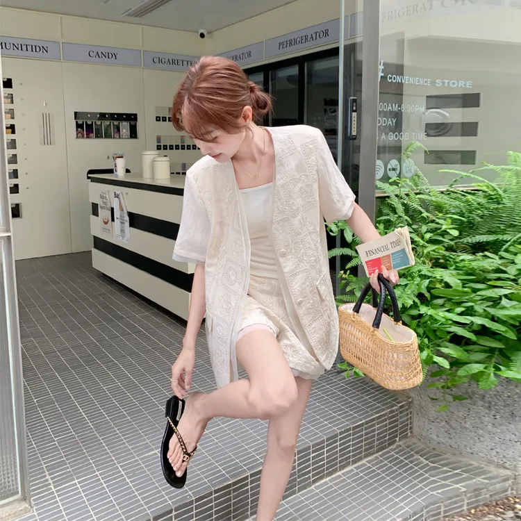 重工提花刺绣套装裤女2025夏季新款高级氛围感韩系ins风两件套潮