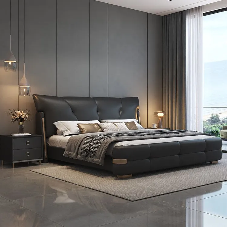 意式轻奢真皮床1.8x2米主卧双人床1.5米豪华高端大气储物网红婚床