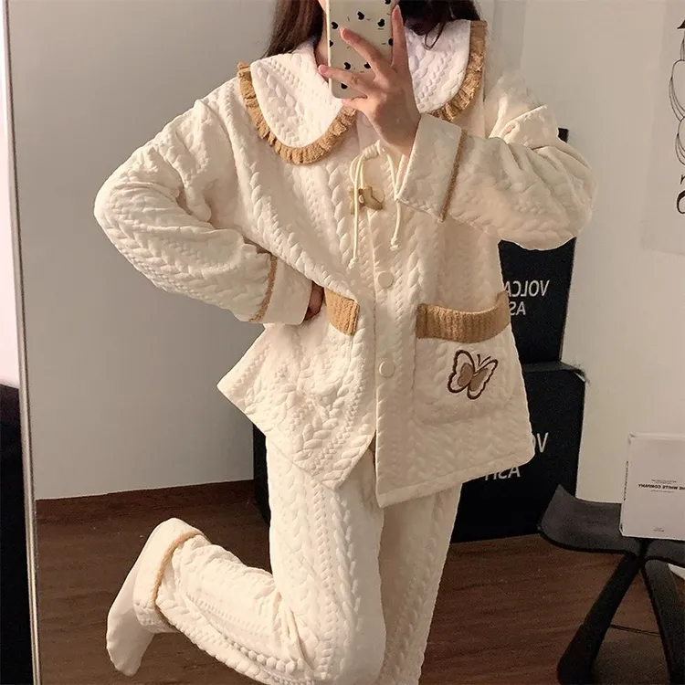 空气棉夹层睡衣女秋冬季2025新款加厚大码胖mm长袖开衫甜美家居服