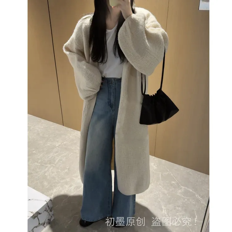 【加密加厚2斤以上】秋冬季新款泡泡袖长款针织开衫外套毛衣女宽松