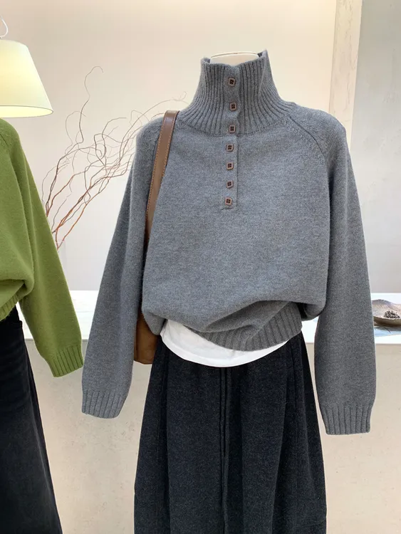 【纯色纽扣翻领】立领套头气质加厚灰色毛衣针织衫女打底内搭休闲