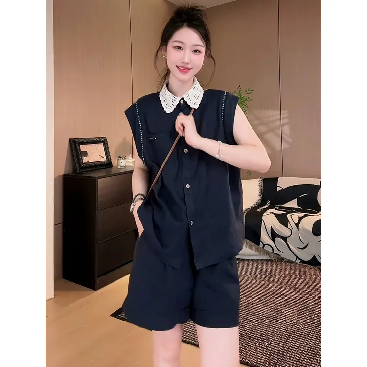 法式简约休闲风气质翻领无袖上衣2025夏季新款高腰阔腿短裤套装女