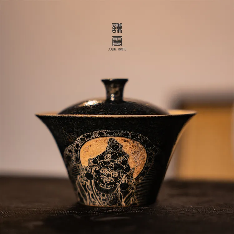 谦云手绘黄财神敦煌叠口盖碗功夫手工防烫复古陶瓷茶具中式描金