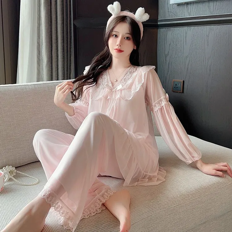 【小美慧】春秋季V领蕾丝网纱长袖长裤胸垫套装性可外穿感家居服女