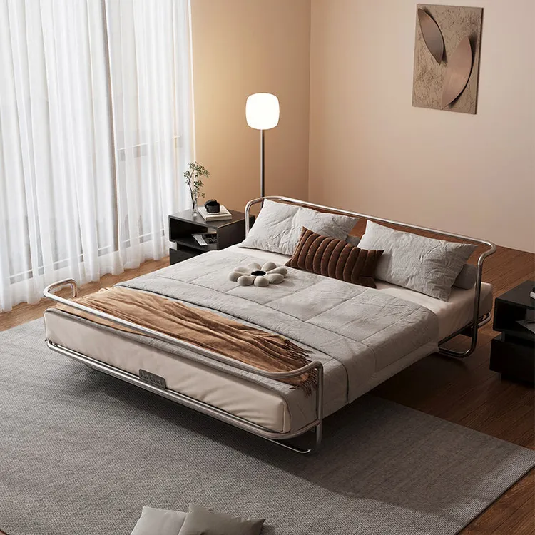 不锈钢床复古铁艺床双人床包豪斯轻奢中古铁架床金属工业风主卧床