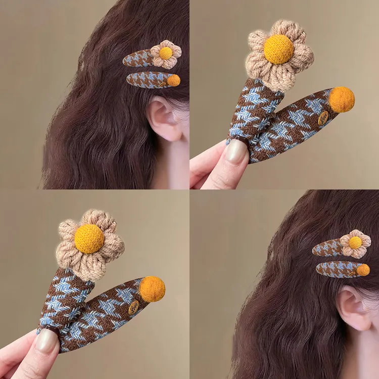 毛线花朵格纹发夹女前额刘海夹bb夹2025新款高端侧边夹发卡头饰秋