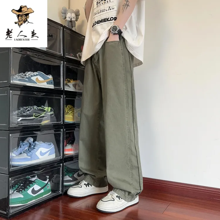 老人头春夏季新款休闲裤男士简约百搭潮流纯色宽松直筒工装长裤子