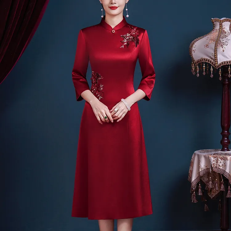 高端婚礼妈妈礼服高贵春秋款结婚旗袍晚礼服喜婆婆婚宴装衣服喜服