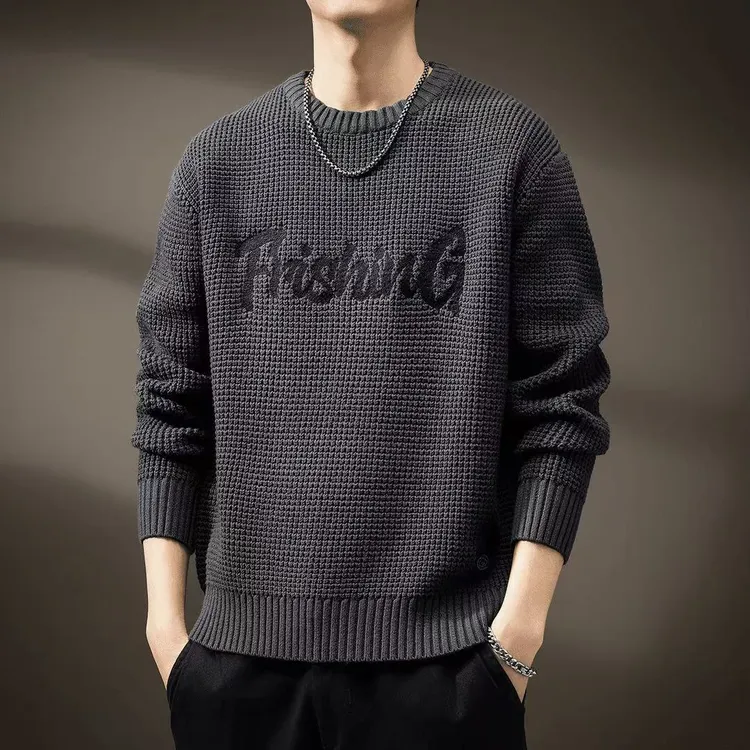 高档美式冬季新款圆领毛衣男士时尚潮流针织打底衫轻奢男装8902