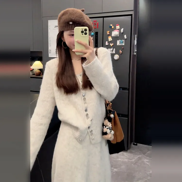 韩系小香风灰色针织衫套装裙女2025秋冬超火高级感气质穿搭一整套